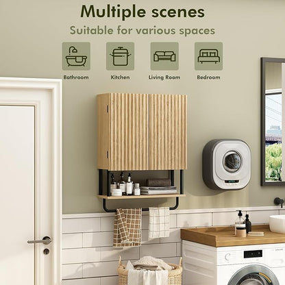 RUSTOWN Fluted Bathroom Wall Cabinet with 2 Doors, 3-Tier Modern Farmhouse Medicine Cabinet, Over The Toilet Storage Cabinet with Adjustable Shelf and Towel Bar (Natural, Medium)