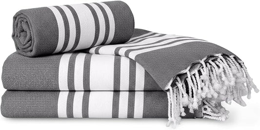 Turkish Cotton Beach Towel Pack of 4 & 1 Boho Tote Bag - Hammam Towels - No Shrink - Quick Dry - Lightweight - Sand Free - Camping - Pool - Tanning - Beach Essentials - Gray (40"x70")