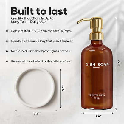 Luxury Glass Dish Soap Dispenser for Kitchen Sink by Brighter Barns - Kitchen Soap Dispenser Set with Pump & Tray - Refillable Glass Bottle for Liquid - Luxury Home Decor for Airbnb, Gift (Amber/Gold)