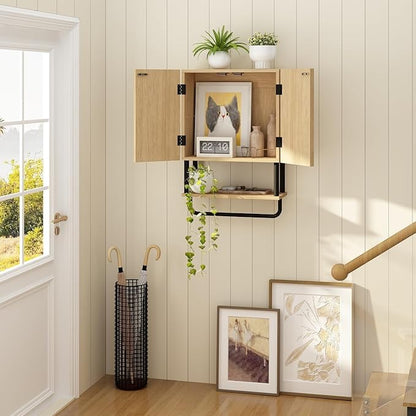RUSTOWN Farmhouse Bathroom Wall Cabinet with 2 Door, 3-Tier Curved Profile Wooden Medicine Cabinet, Wall Mounted Storage Cabinet with Adjustable Shelf and Towel Bar (Natural, Small)