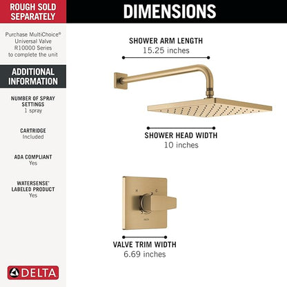 Delta Modern 14 Series Square Rain Shower Faucet Set, Brushed Gold Shower Head and Handle Set, Valve Trim Kit, Champagne Bronze T14268-CZ-PP (Valve Not Included)
