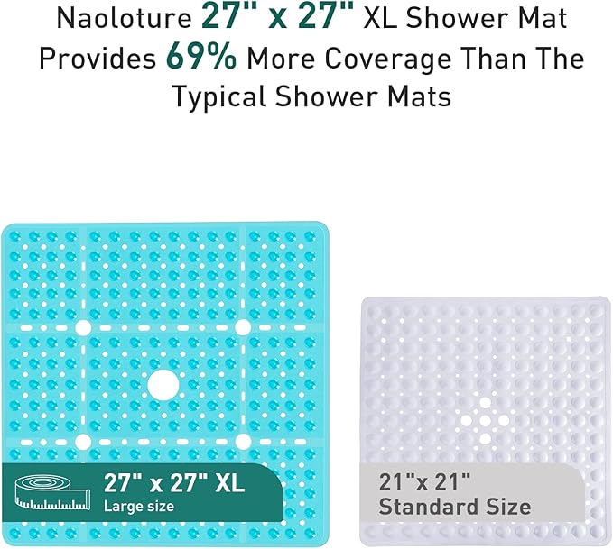 Large Clear Green Square Shower Mat Non Slip 27 x 27 Inches, Square Bath Tub Mat for Inside Shower Bathroom Floor, Shower Stall Mats with Big Suction Cup Drain Hole, Easy Washable, BPA-Free