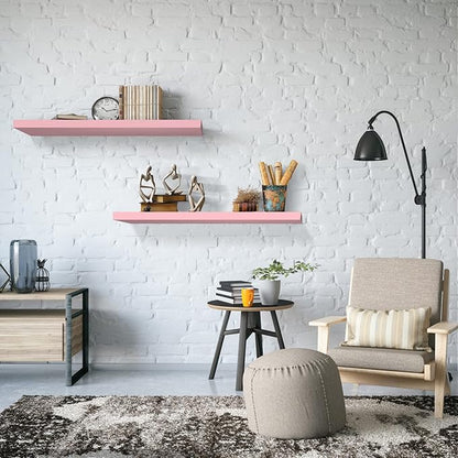 SAUMONIERES 24 Inch Floating Wall Shelves for Bedroom Bathroom Wall Mounted Solid Wood Shelf Storage Decor Set of 2, Pink Floating Shelves