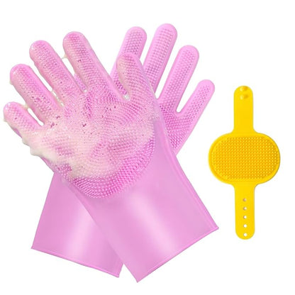 2-in-1 Pet Grooming Gloves and Brush,Dog and Cat Bath Scrubber Silicone Gloves Large