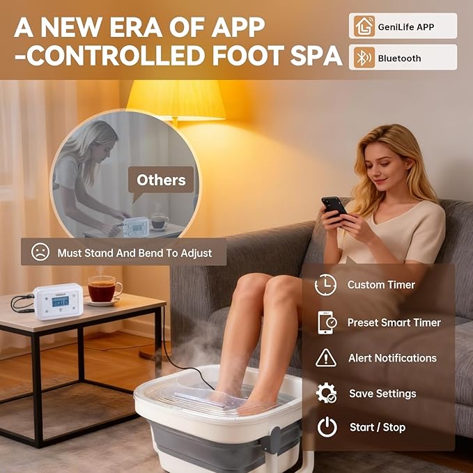 Bluetooth Ionic Foot Bath Detox Machine for Home Spa Use, with App Control, Foldable Soaking Tub, 2 Ion Arrays, 100 Basin Liners, Timer for Natural Body Detoxification