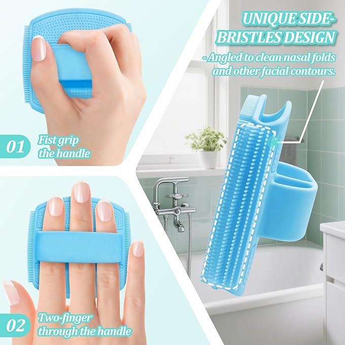 Silicone Back/Face Scrubber & Bath Glove Set 3PCS, Extendable Back Scrubber with Dual-Side Large Head, 360° Anti-Slip Bath Glove, Unique Side-Bristle Face Scrubber for All-Round Cleaning(Blue)