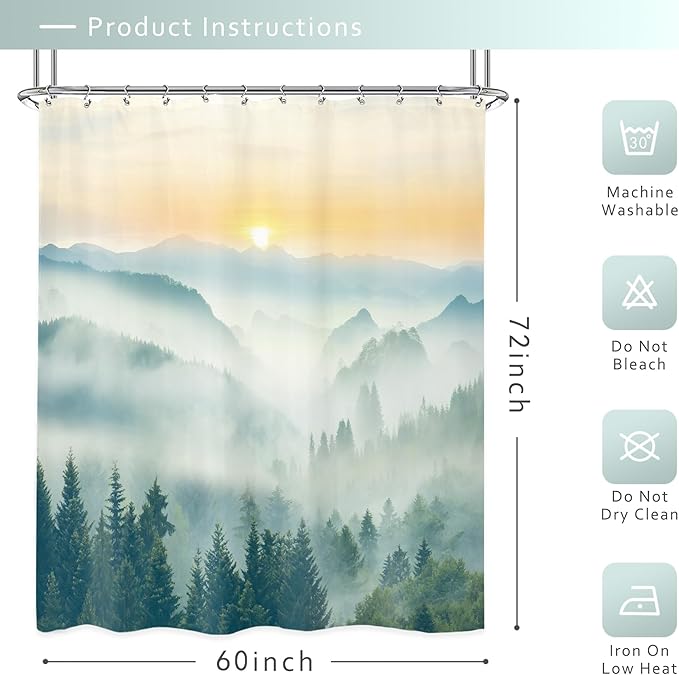 Riyidecor Misty Mountain Shower Curtain 60Wx72H Inch Green Spring Scenery Sunrise Foggy Smokey Tree Nature Pine Scenic Woodland Greenery Bathroom Decor Fabric Polyester Waterproof 12 Pack Hooks