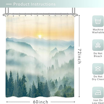 Riyidecor Misty Mountain Shower Curtain 60Wx72H Inch Green Spring Scenery Sunrise Foggy Smokey Tree Nature Pine Scenic Woodland Greenery Bathroom Decor Fabric Polyester Waterproof 12 Pack Hooks