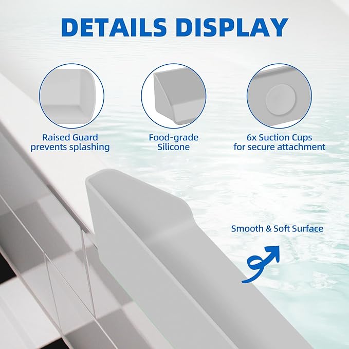 Splash Guard for Bathtub, 3.8" x 3.6" Silicone Bath Tub Splash Guard with 6 Suction Cups, Bathtub SplashGuard Play Shelf Area for Kids with 3°Drainage Slope for Faster Drying - Grey