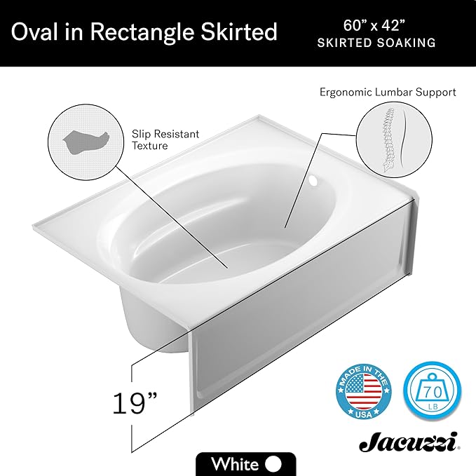 JACUZZI SIGNATURE Acrylic Skirted Soaking Bathtub, Slip Resistant, Right Drain Placement, 60” (L) x 42” (W), Oval in Rectangle Design, White