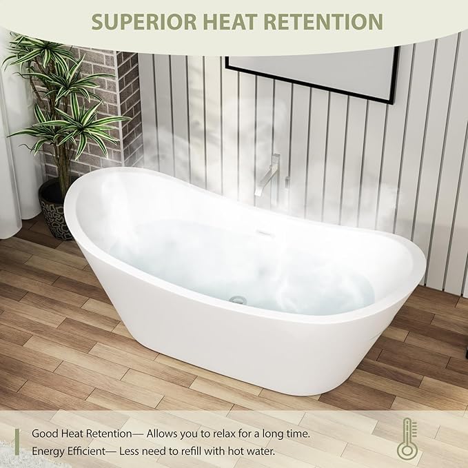 67 Inch Acrylic Freestanding Soaking Bathtub - Mocoloo Contemporary Soaking White Tub Stand Alone Bathtub with Overflow and Drain