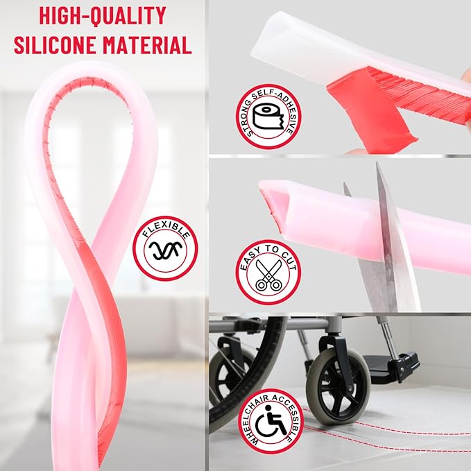 Shower Threshold Water Dam Barrier – 138in Self-Adhesive, Waterproof, Flexible Silicone, Customizable, Easy Install, Prevents Water Leakage & Slipping, Wheelchair Access