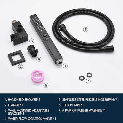 All-Metal High Pressure Square Handheld Shower Head with Jet Spray and Rainfall Modes, Volume Control Regulator, ON/OFF Switch, Hose and Wall Mounted Adjustable Bracket, Matt Black Color