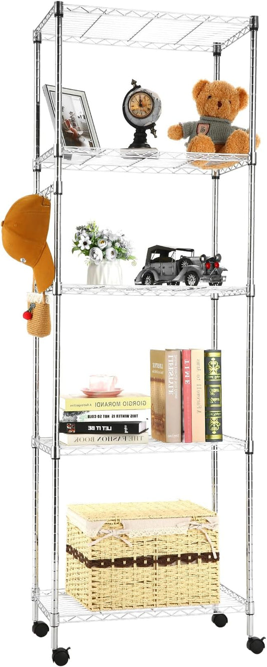 Himimi 5-Tier Storage Shelf Wire Shelving Unit on Wheels Heavy Duty Metal Shelves Adjustable Steel Rack Organization for Kitchen Garage Basement, Silver