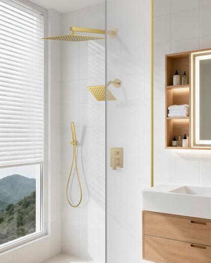 Shower Faucet Set, Wall Mounted Rainfall Shower System 12"+ 6" Dual Shower Head Sets with 2 in 1 Handheld Spray with Rough-in Valve and Shower Trim Kit, Brushed Gold