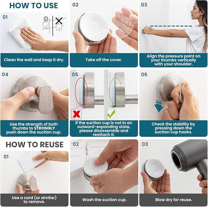TAILI Stylish 304 Stainless Steel Bathroom Suction Hooks for Towel, Bathrobe, Loofah, No Damage Hanging Glass Shower Wall Hook, Patented Strong Suction Cup Holder, Hold Up to 11 Lbs, A-Cylinder Silver