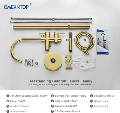 Modern Freestanding Tub Faucet with 360 Swivel Gooseneck Spout and Handheld Shower, Gold Floor Mount Tub Filler