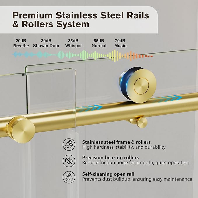 Frameless Glass Shower Door, 43-48" W x 76" H Sliding Frameless Shower Door, 1/4''(6mm) SGCC Tempered Glass, Explosion-Proof Film Nano Coating, Stainless Steel Hardware, Brushed Gold