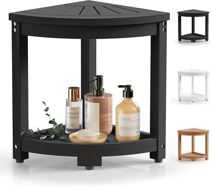 Waterproof Corner Shower Stool for Inside Shower, Poly Lumber Shower Bench Seat Chair, Bath Shower Stool for Shaving Legs Foot Rest with Storage Shelf, Adjustable & Non-Slip Feet, Black