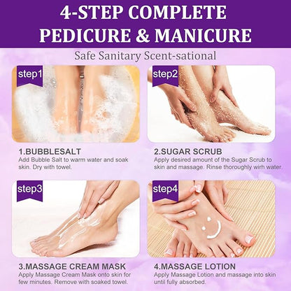 24 PCS Foot Soak, Pedicure Kit Foot Soak Set With Bubble Salt, Sugar Scrub, Massage Mask, Massage Lotion In a Box 4 Step Foot Spa Kit For Dry Cracked Feet, Tired Feet, 6 Set Lavender