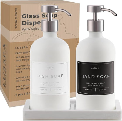 Lotion, Hand & Dish Soap Dispenser for Kitchen Sink - Bathroom Soap Dispenser Set of 2 16.8 Oz Glass Bottles with Stainless Steel Pump, 15 Water Proof Labels & Silicon Tray (White/Silver)