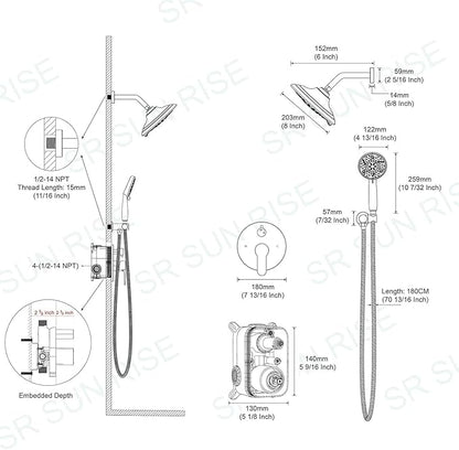 SR SUN RISE Shower Faucet - 8 Inch Multifunctional High Pressure Shower Head System with Handheld Shower Head Fixtures - Valve Included - Polished Chrome