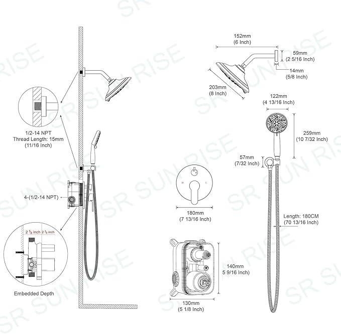 SR SUN RISE Shower Faucet - 8 Inch Multifunctional High Pressure Shower Head System with Handheld Shower Head Fixtures - Valve Included - Brushed Nickel