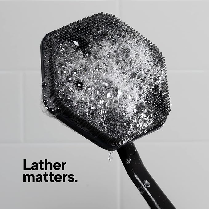 TOOLETRIES Silicone Back Scrubber with Hook - Exfoliating Shower Brush, Back Washer for Men, Durable Back Brush with Long Handle - Long Lasting Bath & Shower Accessories - Charcoal