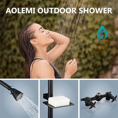 Aolemi Outdoor Shower Kit Fixtures Faucet System with High Pressure Showerhead Utility 2-Handle Exposed Shower with Brass Mix Valve 6 Inch Center with Soap Dish Matte Black