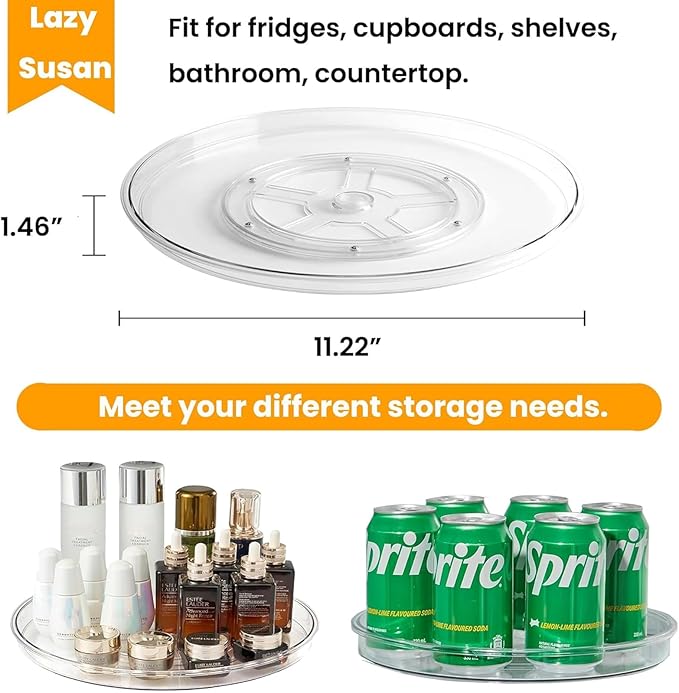 vacane 2 Pack Clear Lazy Susan Organizer Non-Skid, Plastic 11" Lazy Susan Turntable for Cabinet Rotating Pantry Lazy Susan Cabinet Organizer, Storage Containers for Kitchen, Refrigerator