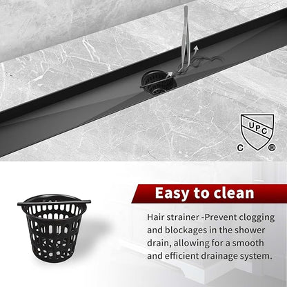 Sharp-tec Linear Shower Drain, 32 inch Shower Drain with Removable Pattern Cover, Matte Black 304 Stainless Steel Rectangle Floor Drain, Adjustable Feet and Hair Strainer Included (Model 101)