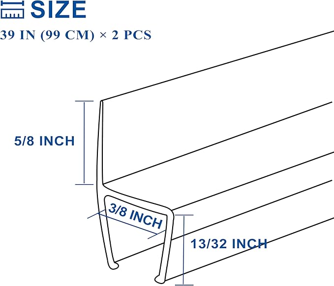 Frameless Shower Door Seal Strip 2 Pack x 39 Inch H for 3/8" Thick Glass Shower Door Side Seal Strip Bottom Seal Door Sweep, Ultra Clear Polycarbonate Stop Showers Leaks Create A Water Barrier