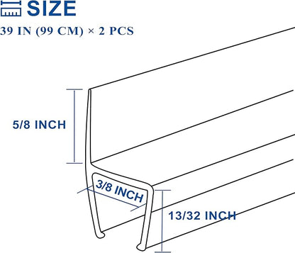 Frameless Shower Door Seal Strip 2 Pack x 39 Inch H for 3/8" Thick Glass Shower Door Side Seal Strip Bottom Seal Door Sweep, Ultra Clear Polycarbonate Stop Showers Leaks Create A Water Barrier