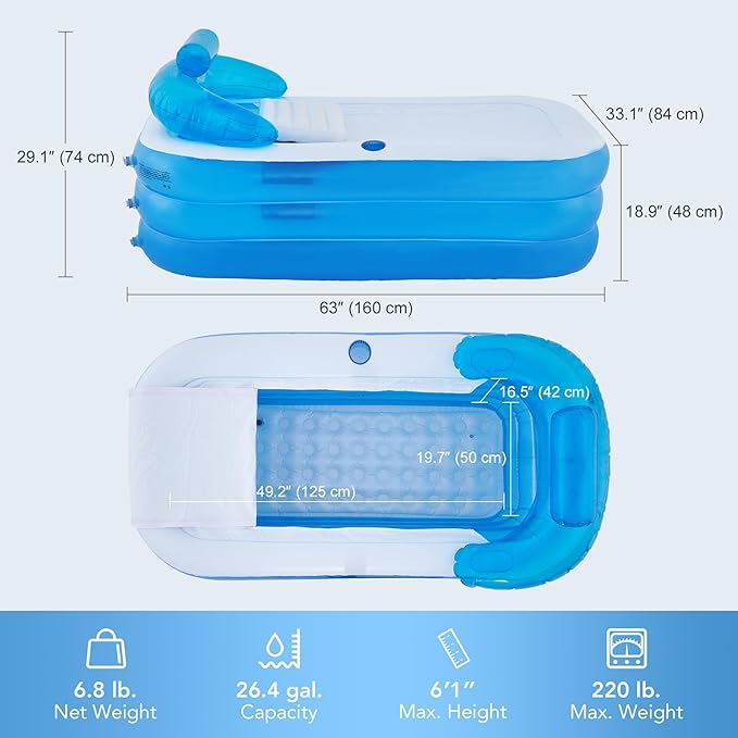 CO-Z Inflatable Bathtub with Electric Air Pump and Bath Pillow Headrest, Portable Blow Up Tub for Adults, Outdoor or Indoor Freestanding Foldable Spa Cover Drainage Hose Cup Holder