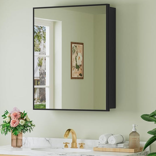 Buruis 24" x 30" Framed Medicine Cabinet with Mirror, Recessed or Wall Mounted Bathroom Cabinet, Adjustable Tempered Glass Shelves, Left/Right Open Reversible, No Assembly Required, Black