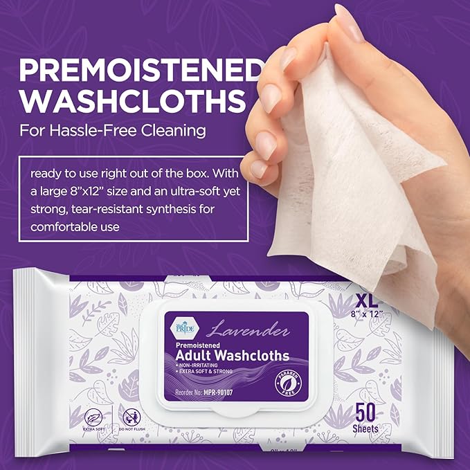 MED PRIDE Premoistened Disposable Washcloths for Adults 8 X 12 in | Ultra-Soft, Paraben-Free, Rinse Free | Lavender Scent | Pack of 600