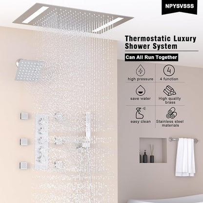 Thermostatic Shower System with 14x20 Inch Ceiling Mount LED Head & 6 Inch Wall Head and Handheld Shower 4 Function Vale with body jets Can All Run Together,Brushed Nickel