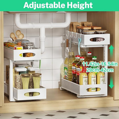 Under Sink Organizer, 2-Tier Pull Out Cabinet Organizer with Adjustable Height, Use in Kitchen Bathroom Cabinet and Countertop Storage, White