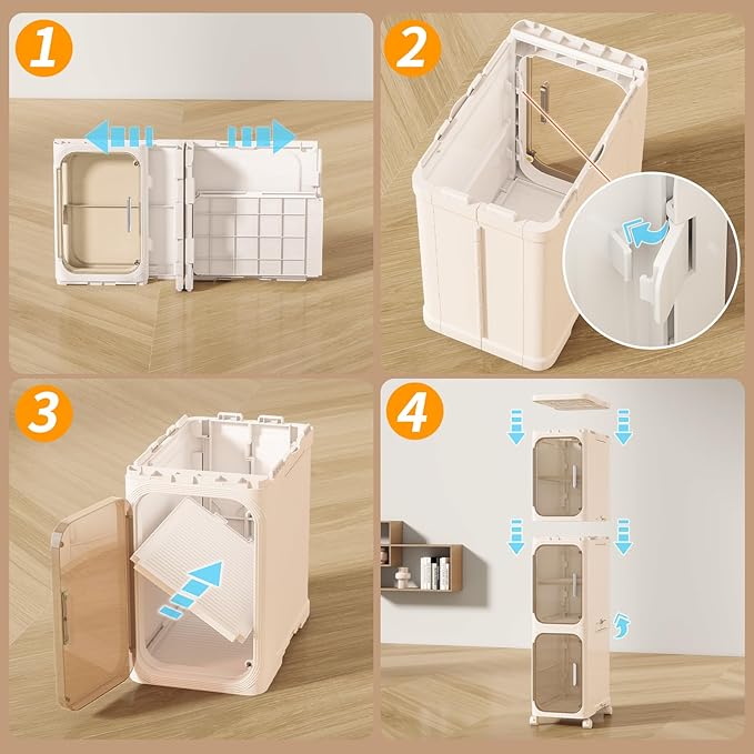 KHNR 3-Tiers Slim Bathroom Storage Cabinet, Foldable Storage Cabinets,Narrow Bathroom Storage,Movable Bathroom Storage Organizer for Small Spaces,Bathroom,Kitchen,Laundry,Cream White