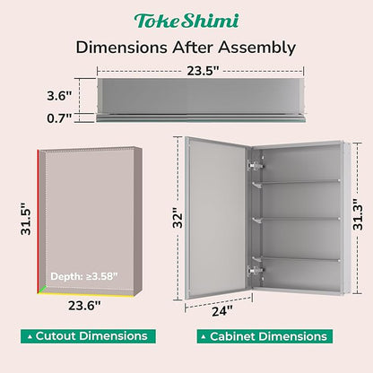 TokeShimi 24x32 Mirrored Medicine Cabinet Recessed or Wall Mount, Aluminum Tempered Silver Bathroom Medicine Cabinet with Mirror with Stepless Adjustable Storage Metal for Modern Farmhouse