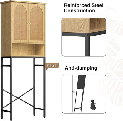 Rattan Toilet Storage Cabinet, Over The Rack Wood Cabinet with Metal Stand, Bathroom Organizer with Adjustable Shelf, Tall Freestanding Washer Shelf, Small Cupboard, Natural