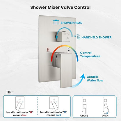 gotonovo Rainfall Bathroom Shower System Rain Shower Head and Handle Set Wall Mounted Shower Complete Combo Solid Brass Pressure Balancing Shower Mixer Valve 8 Inch Brushed Nickel