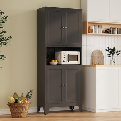 Metal Storage Cabinet, 69" Tall Bathroom Cabinets with 4 Doors & 3 Adjustable Shelves Large Cupboard, Black Metal Pantry Cabinets for Kitchen, Home Office, Garage, Warehouse