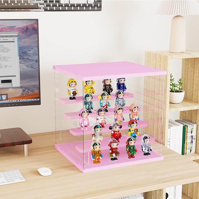 Choowin 5 Tier Clear Acrylic Lighted Display Case for Collectibles, Mini Figures, Pop Mart, Labubu, Sonny Angel, Smiski - Assemble Dustproof Display Box with Door, Stand (Pink Top Base, Clear Step)