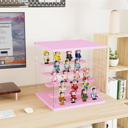 Choowin 5 Tier Clear Acrylic Lighted Display Case for Collectibles, Mini Figures, Pop Mart, Labubu, Sonny Angel, Smiski - Assemble Dustproof Display Box with Door, Stand (Pink Top Base, Clear Step)