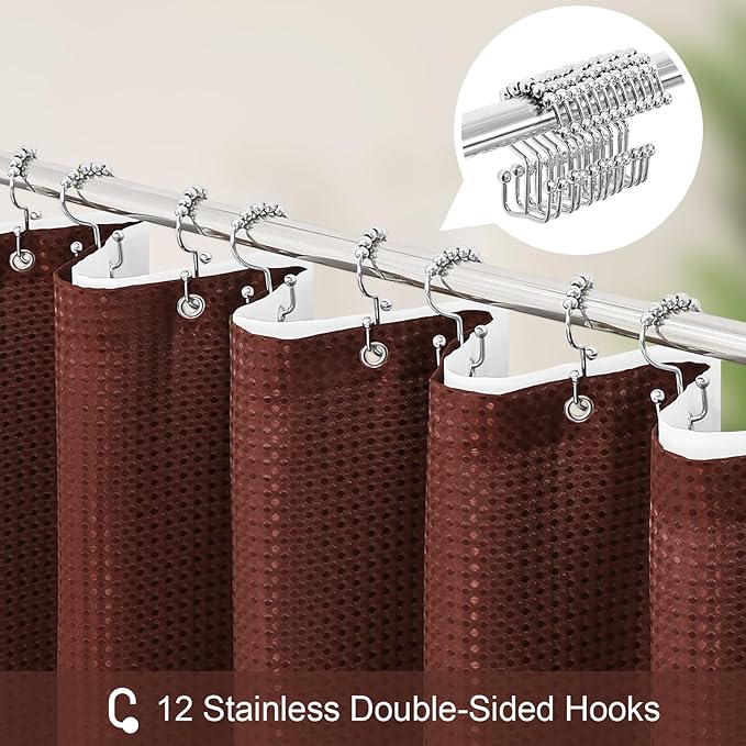 3 in 1 Shower Curtain Set, Brown Waffle Shower Curtain and PEVA Liner Set with 12 Stainless Steel Shower Curtain Hooks, Waterproof Fabric Shower Curtains for Bathroom, 72 W x 72 H