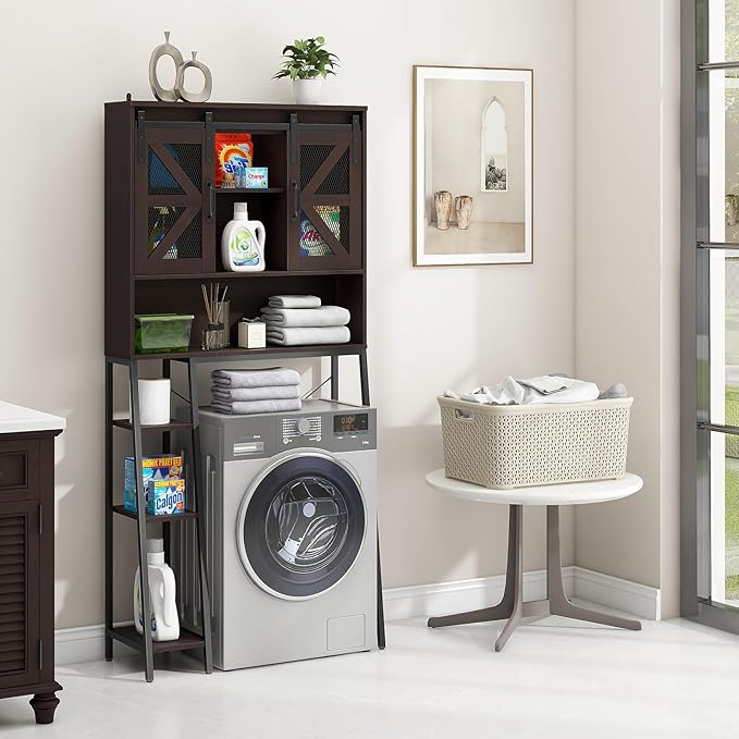Over The Toilet Storage Cabinet, Farmhouse Storage Cabinet Over Toilet with Sliding Barn Door，Home Space-Saving Toilet Rack, for Bathroom, Restroom, Laundry(Espresso)