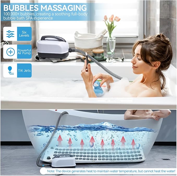 Wavemat Bathtub Massage Cushion,6-Speed Bubbles Wave Mat for Tub,Home Spa Bubble Bath Massager with Inflatable Pillow