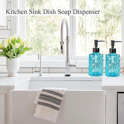 Clear Ocean Blue Glass Soap Dispenser with Plastic Pump, 2 Pack 12oz Diamond Design Bathroom Soap Dispenser for Hand Wash, Lotion Dispenser & Dish Soap Dispenser for Kitchen and Bathroom