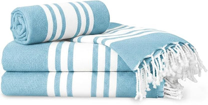 Turkish Cotton Beach Towel Pack of 4 & 1 Boho Tote Bag - Hammam Towels - No Shrink - Quick Dry - Lightweight - Sand Free - Camping - Pool - Tanning - Beach Essentials - Sky Blue (40"x70")